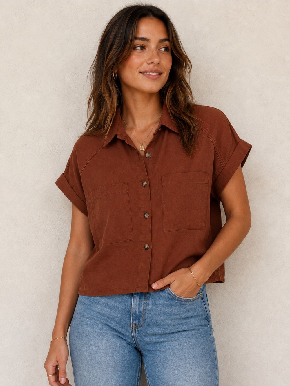 Suite 2939 Rust Brown Linen Blend Boxy Button Front Utility Shirt Top Size XL